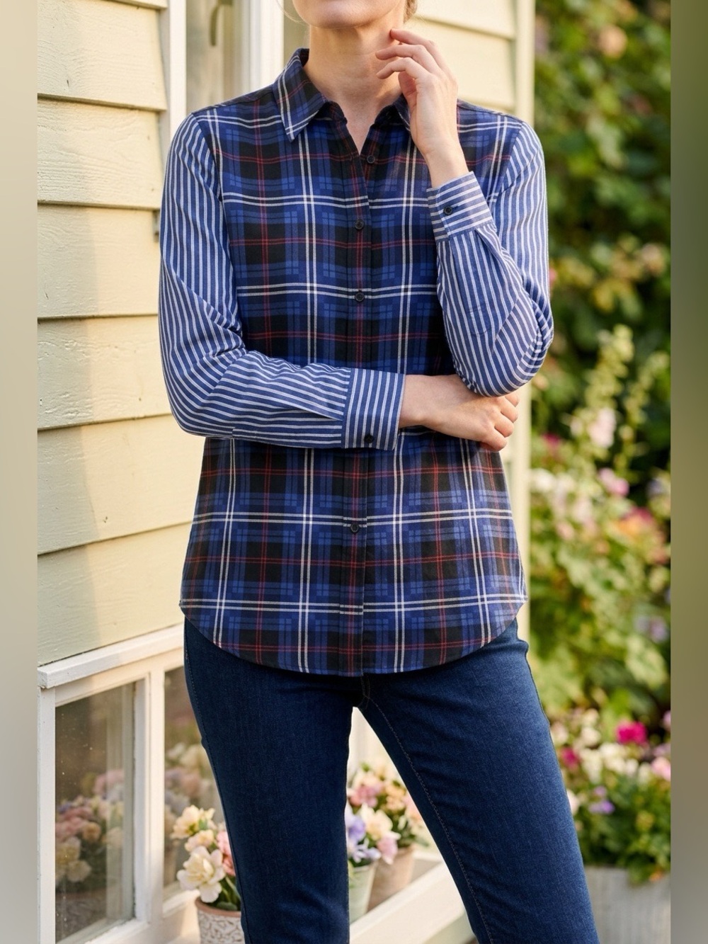 Equipment Femme Silk Plaid w/Striped Sleeved Shirt, Size S/P